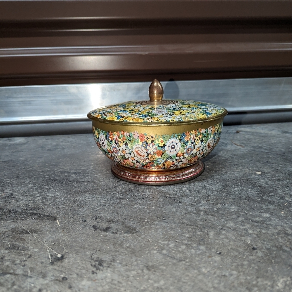 Vintage floral metal footed container with lid